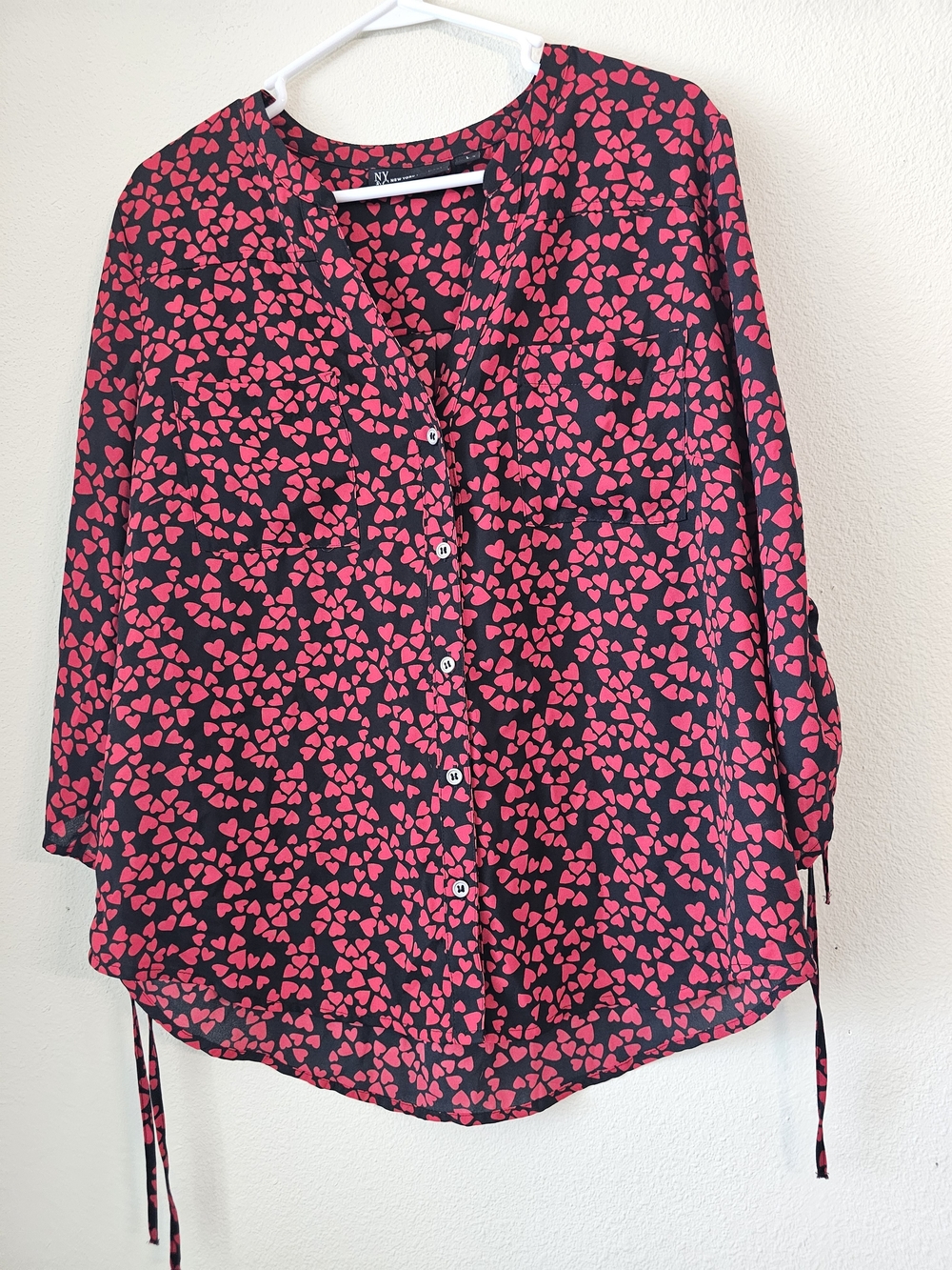 New York & Company Black Blouse with Pink Heart Print